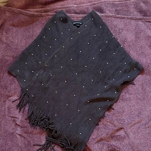 Elegant Charcoal Poncho with Fringe and Studs